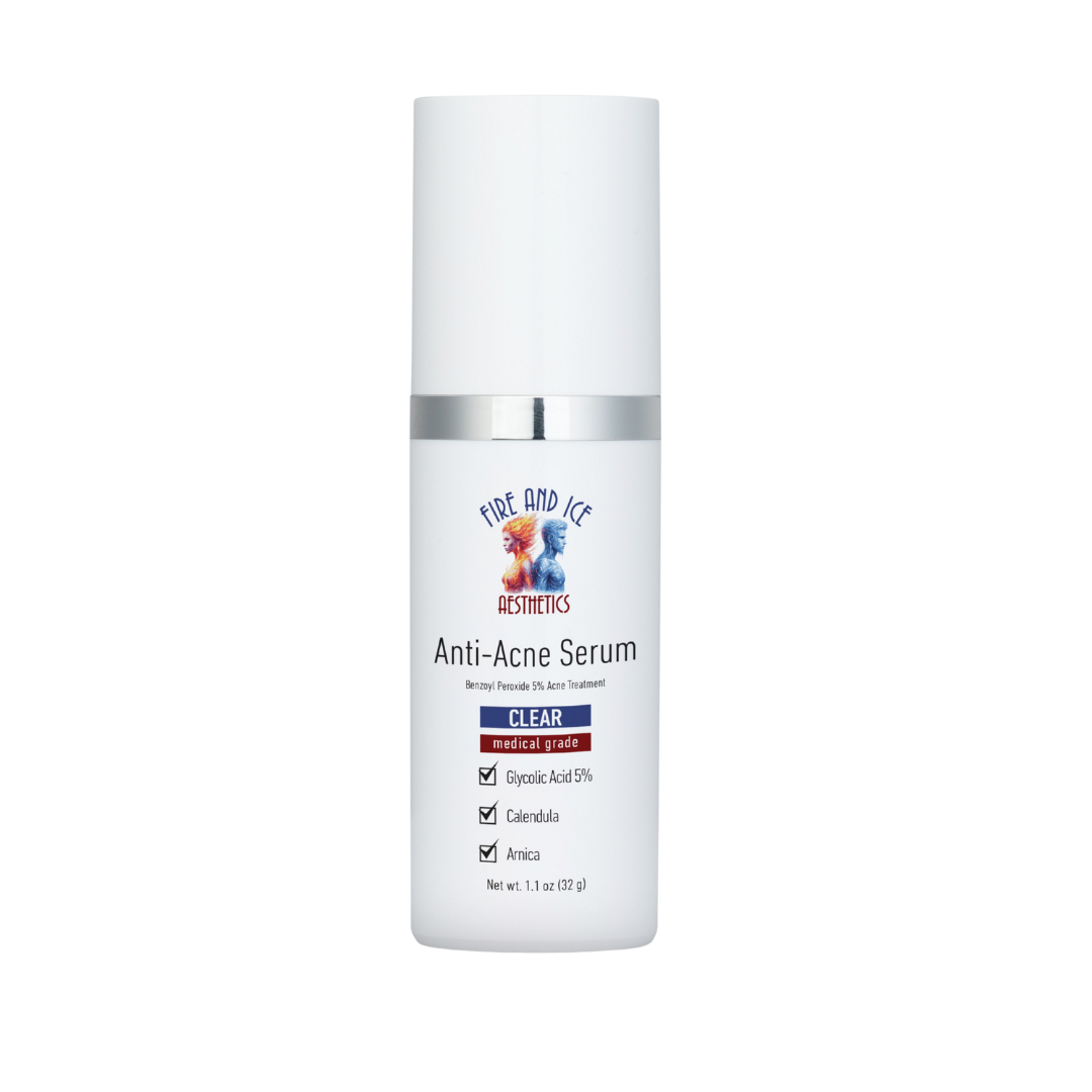 Anti-acne serum bottle with visible branding on a white background