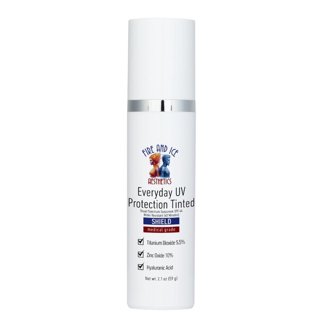 Skincare bottle labeled 'Everyday UV Protection Tinted' on a white background