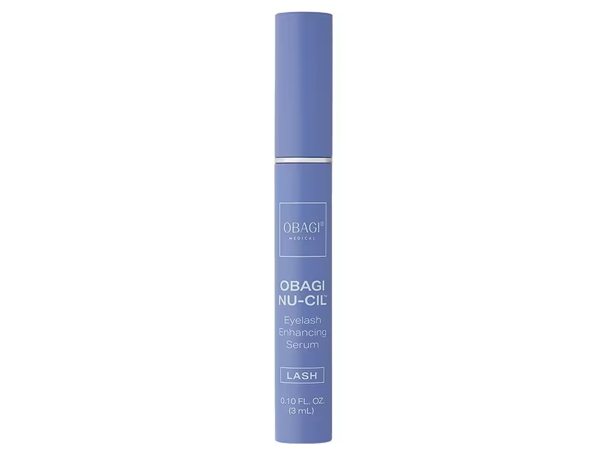 A tube of Obagi Nu-cil Eyelash Enhancing Serum with blue and white packaging.