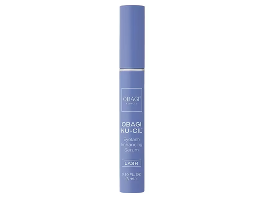 A tube of Obagi Nu-cil Eyelash Enhancing Serum with blue and white packaging.